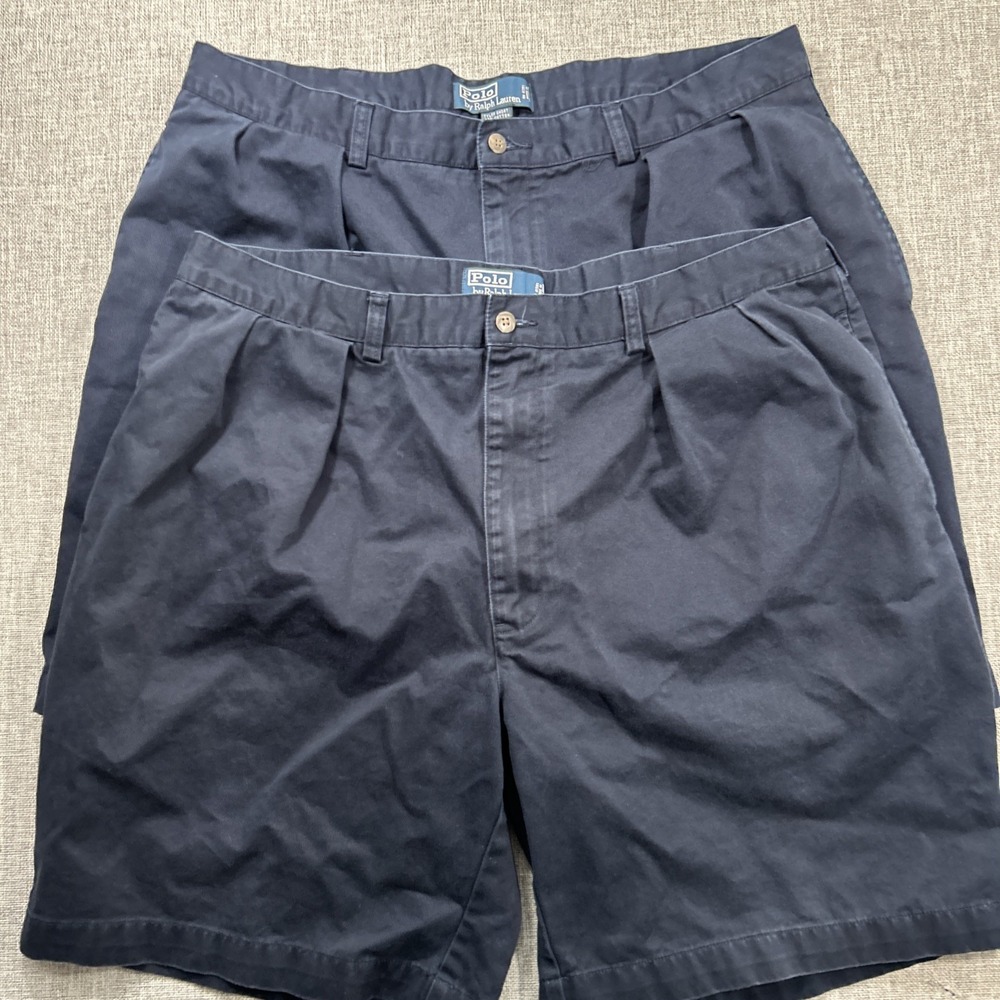 Lot Of 2 Polo Ralph Lauren Tyler Shorts Mens 40 Navy Blue Pleated Front Cotton